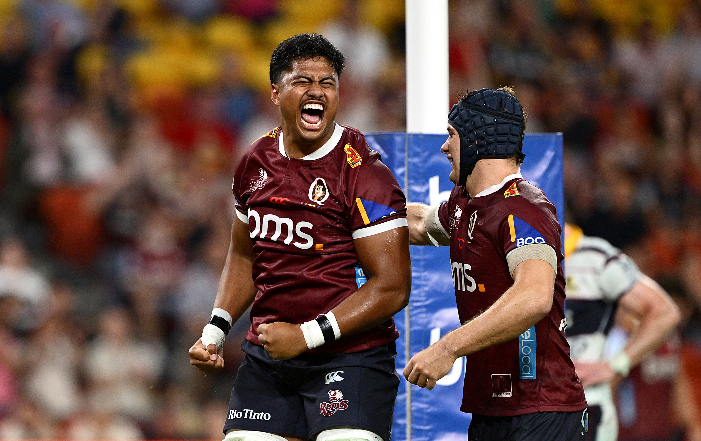 Queensland Reds celebrate try against Moana Pasifika 2026 Super Rugby Pacific