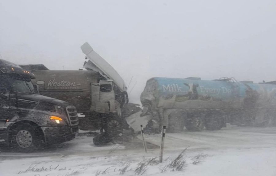 Multiple cars piled up on an Alberta highway during a winter storm