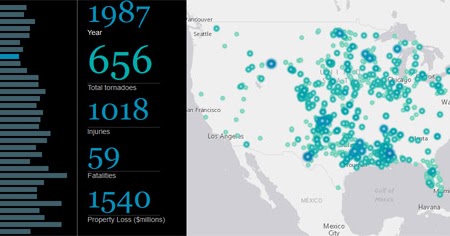 Historical tornado map of California showing sparse but notable touchdowns