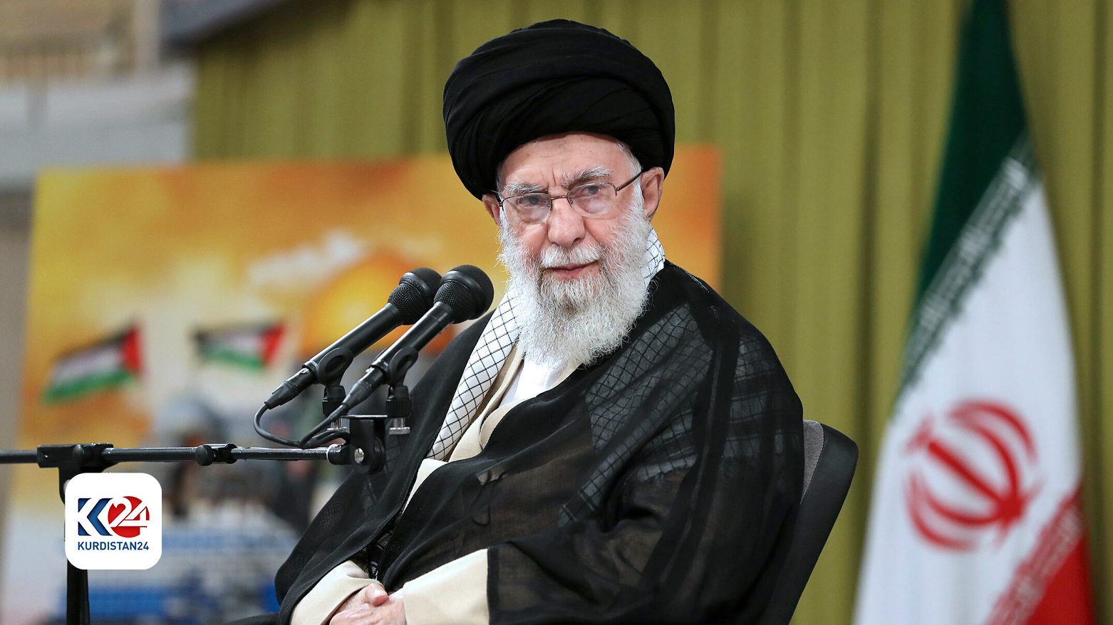 Portrait of Ayatollah Ali Khamenei in traditional clerical attire