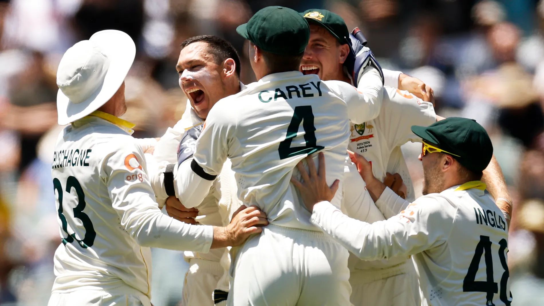 Marnus Labuschagne takes a one-handed slip catch at Adelaide Oval during the Ashes Test